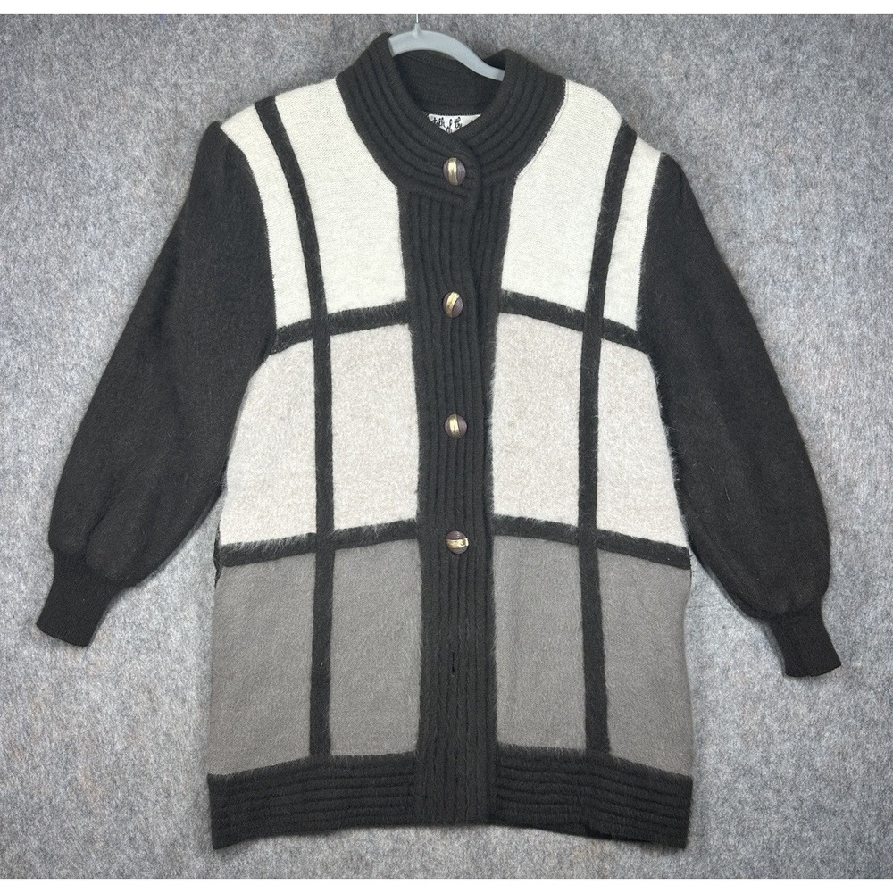 Vintage Talk of the Town Wool Angora Cardigan Jacket Plaid Lined Retro Size L